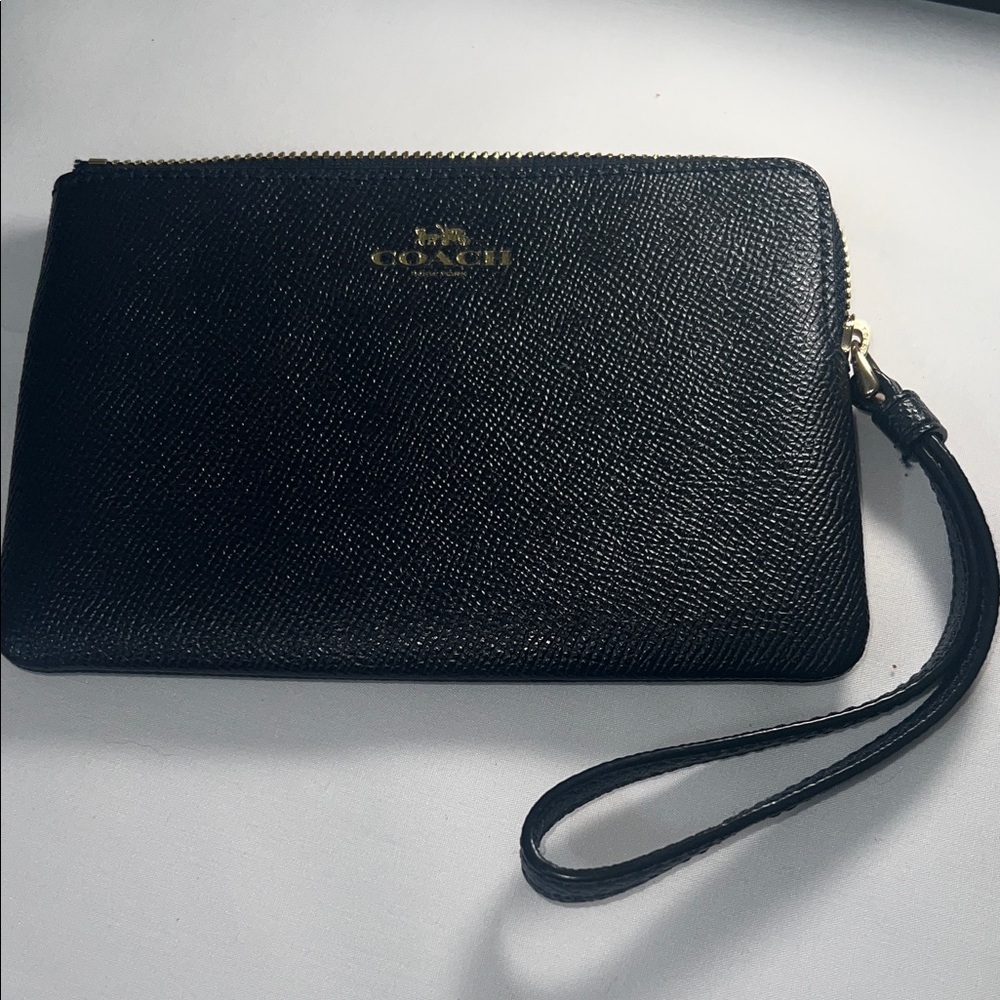 Coach Black Leather Zip Wristlet with Gold Imprint Accent